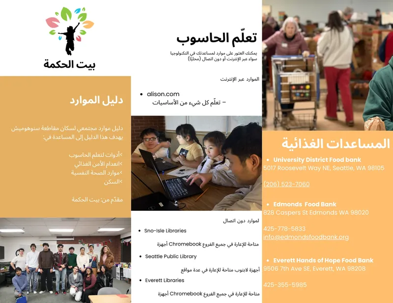 الصفحة الأولى من دليل الموارد. تعلّم الحاسوب: alison.com عبر الإنترنت، وأجهزة Chromebook أو لابتوب للإعارة من مكتبات Sno-Isle وSeattle Public وEverett. المساعدات الغذائية: University District Food Bank ‎(206) 523-7060، وEdmonds Food Bank ‎425-778-5833، وEverett Hands of Hope ‎425-355-5985.