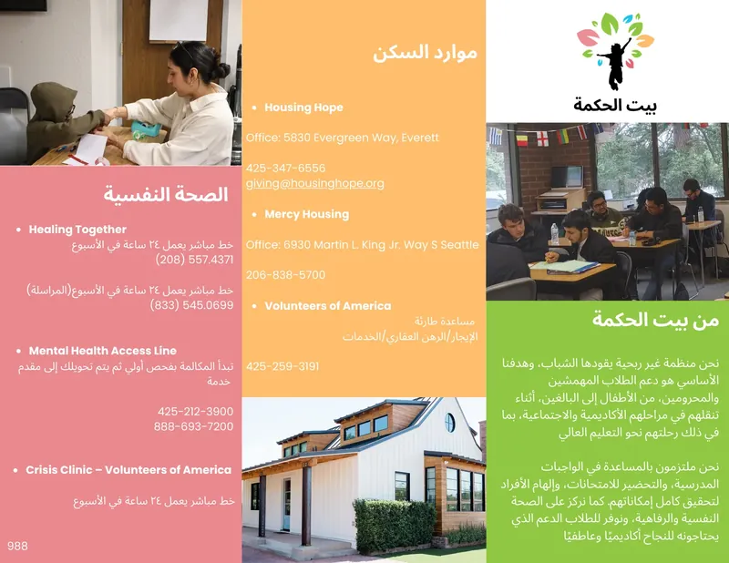 الصفحة الثانية من دليل الموارد. الصحة النفسية: Healing Together ‎(208) 557-4371 والمراسلة ‎(833) 545-0699، وMental Health Access Line ‎425-212-3900 أو ‎888-693-7200، وCrisis Clinic ‎988. السكن: Housing Hope ‎425-347-6556، وMercy Housing ‎206-838-5700، وVolunteers of America ‎425-259-3191.
