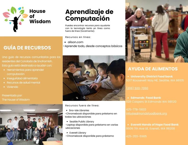 Página uno de la guía de recursos. Aprendizaje de computación: alison.com en línea, y Chromebooks o laptops para préstamo en las bibliotecas Sno-Isle, Seattle Public y Everett. Ayuda de alimentos: University District Food Bank (206) 523-7060, Edmonds Food Bank 425-778-5833, Everett Hands of Hope 425-355-5985.