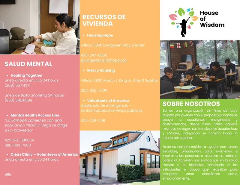Página dos de la guía de recursos. Salud mental: Healing Together (208) 557-4371 y texto (833) 545-0699, Mental Health Access Line 425-212-3900 o 888-693-7200, Crisis Clinic 988. Vivienda: Housing Hope 425-347-6556, Mercy Housing 206-838-5700, Volunteers of America 425-259-3191.